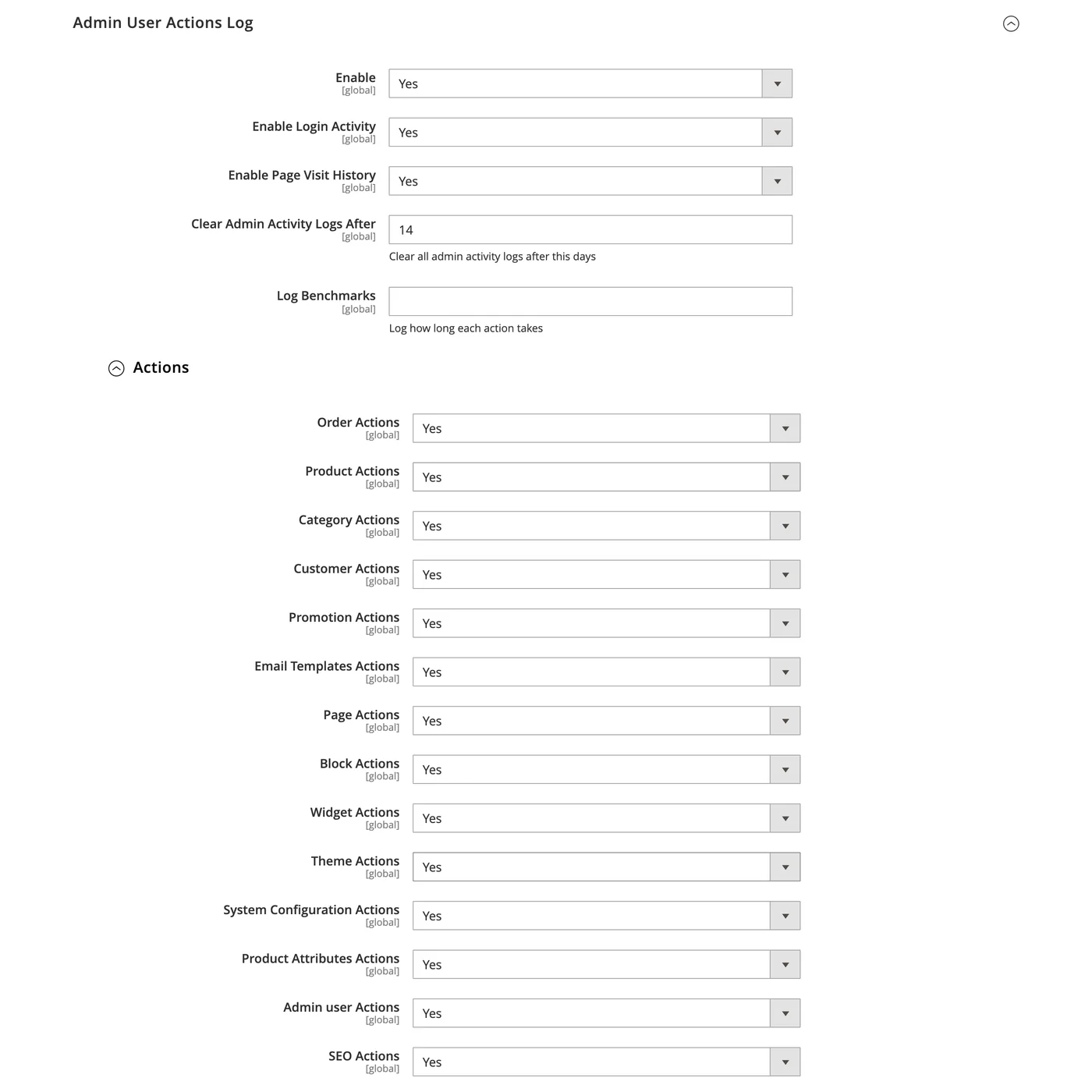 Activity log settings with the per-entity switches