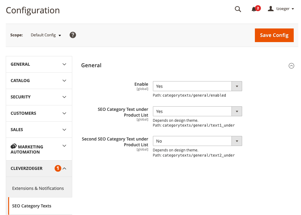 SEO Category Texts Configuration