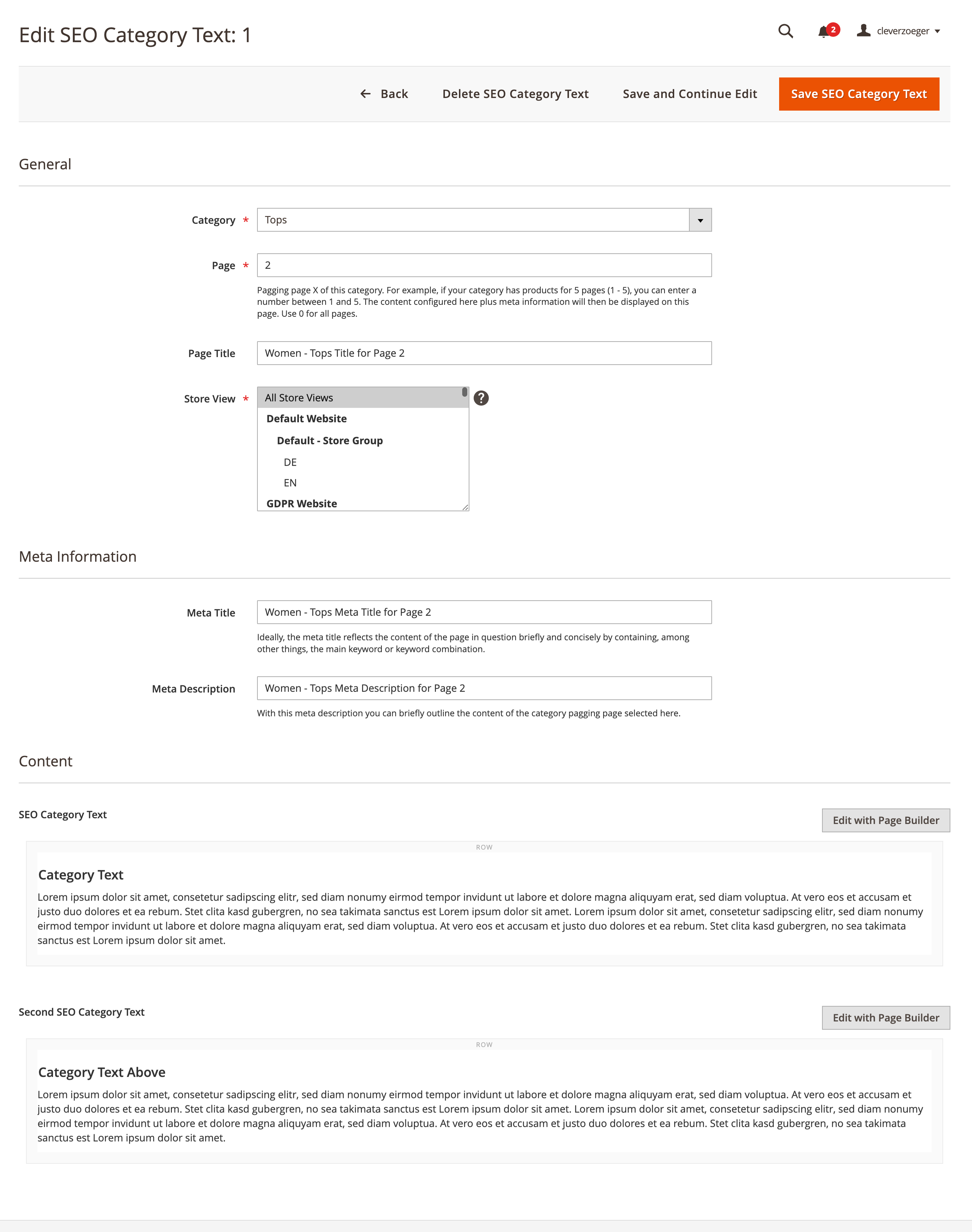 SEO Category Texts Backend Edit