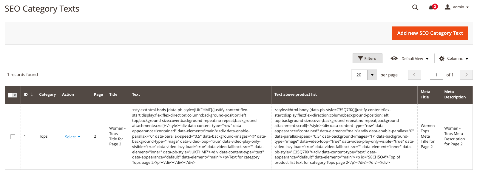 SEO Category Texts Backend List