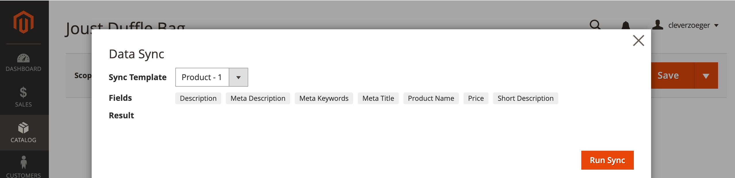 Data Sync modal with template selection