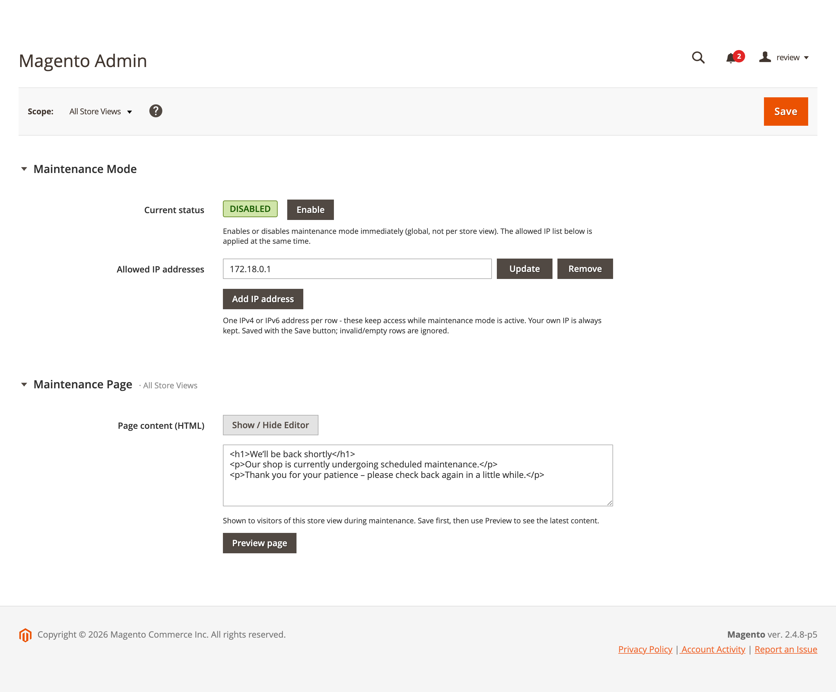 Maintenance backend page