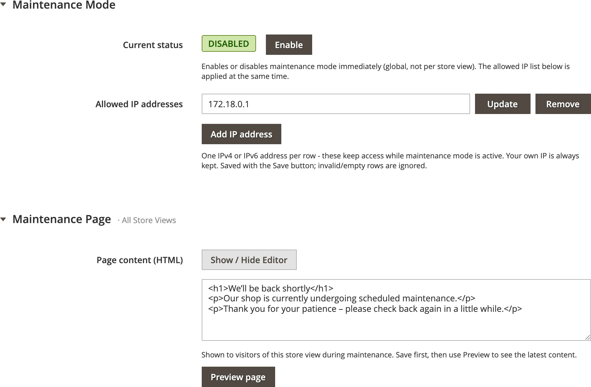 Maintenance backend page