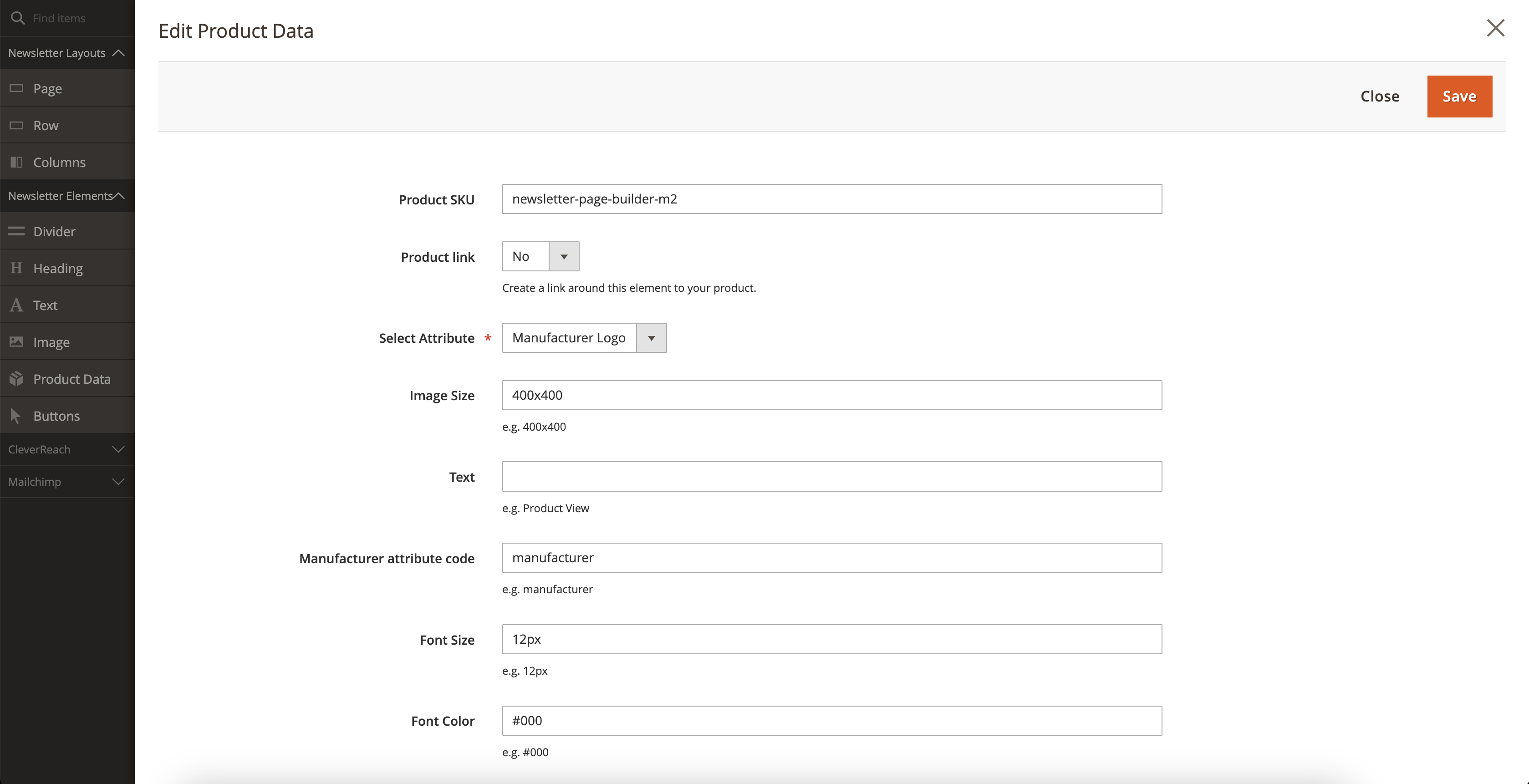 Newsletter Page Builder product data element with the manufacturer logo
