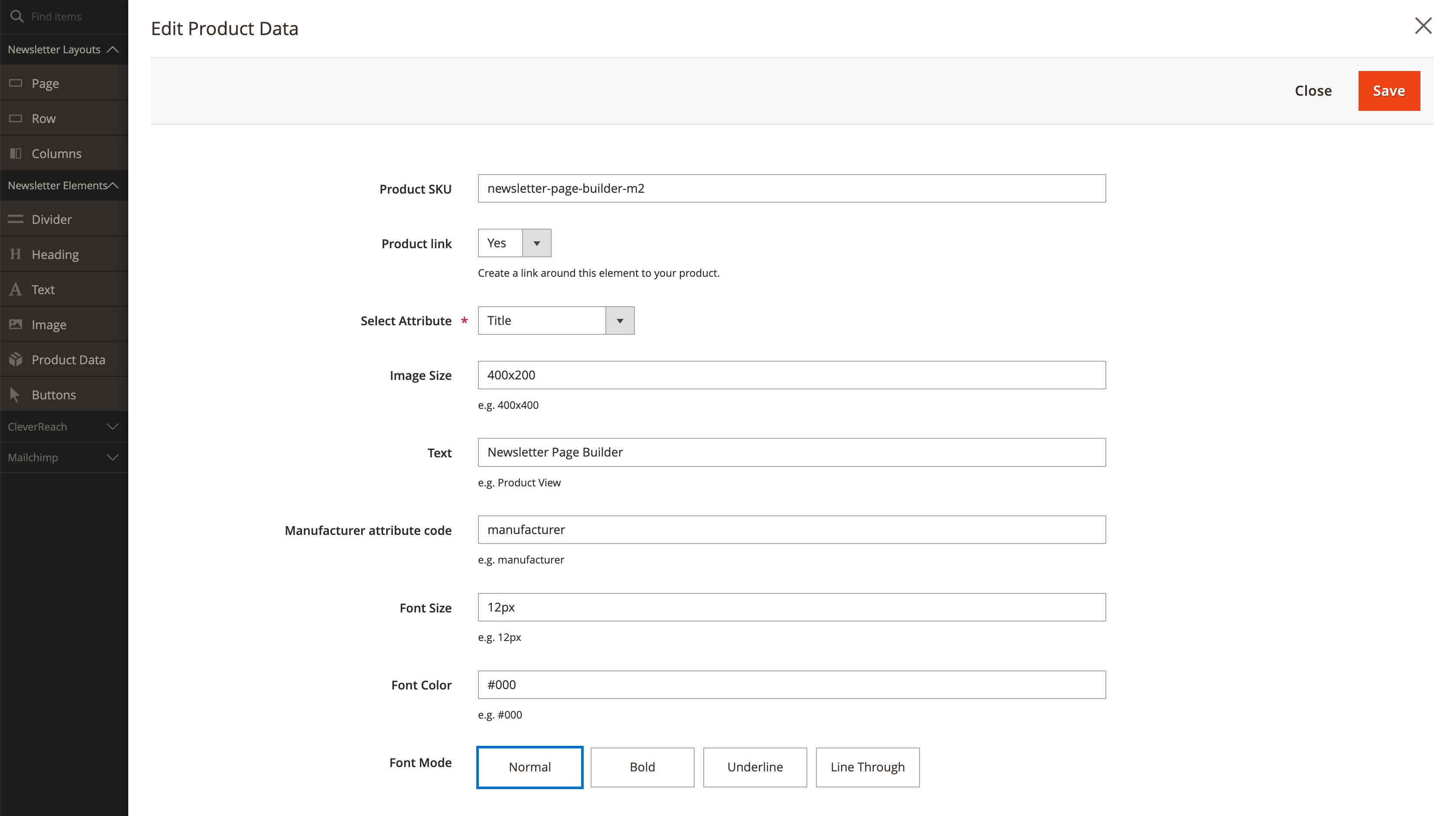 Newsletter Page Builder Edit Product Elements