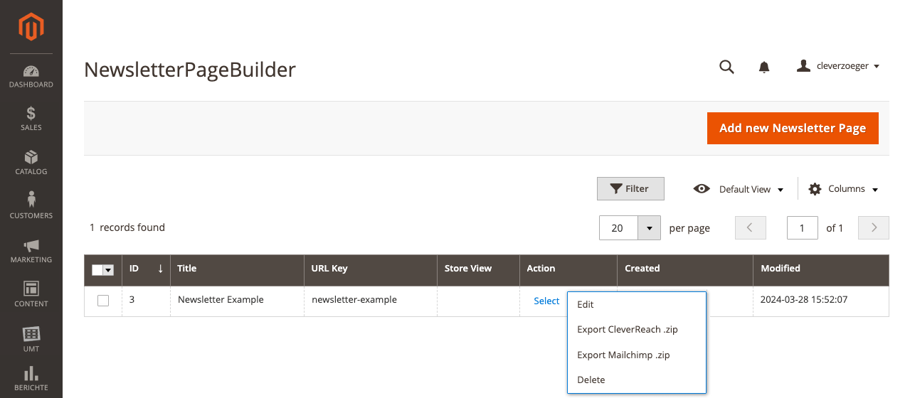 Newsletter Page Builder Export Menu