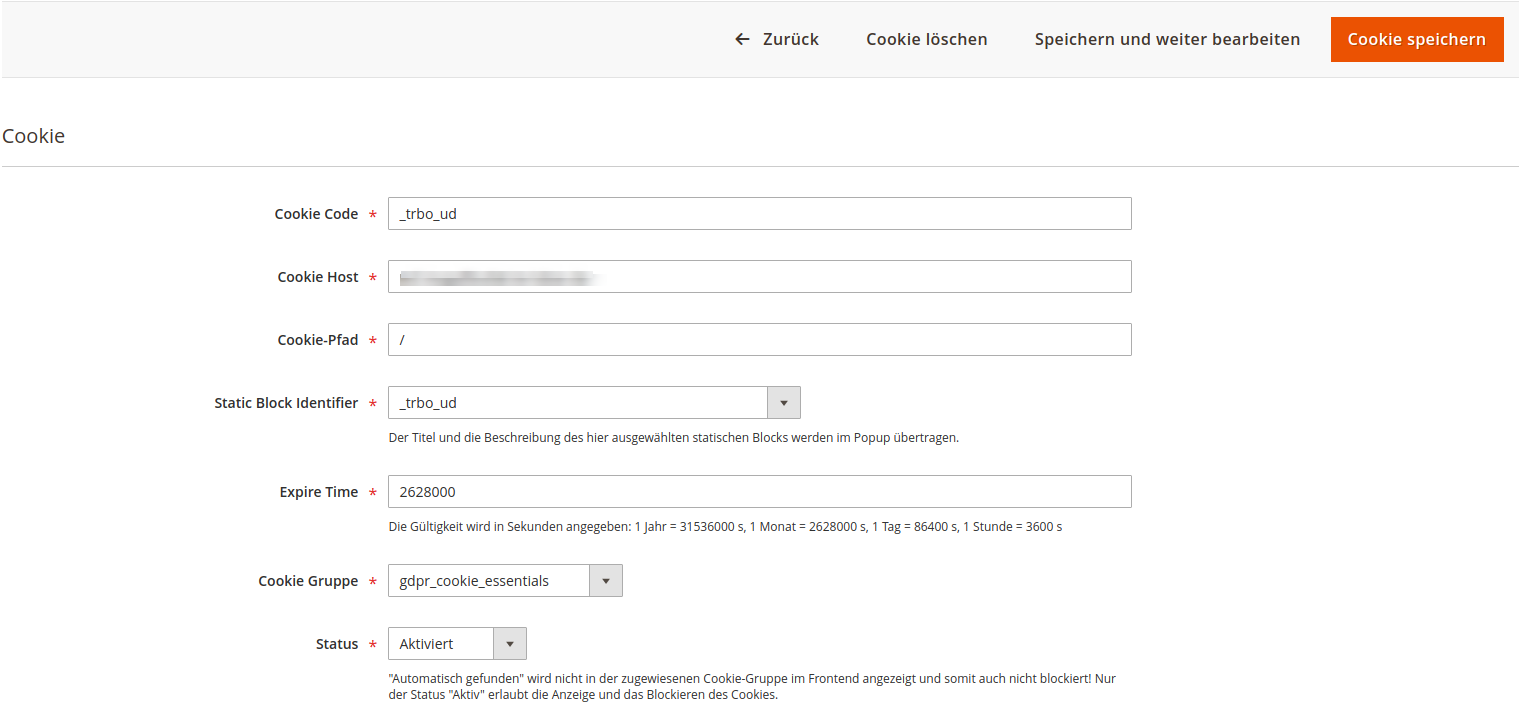 Cookie entry in the GDPR module
