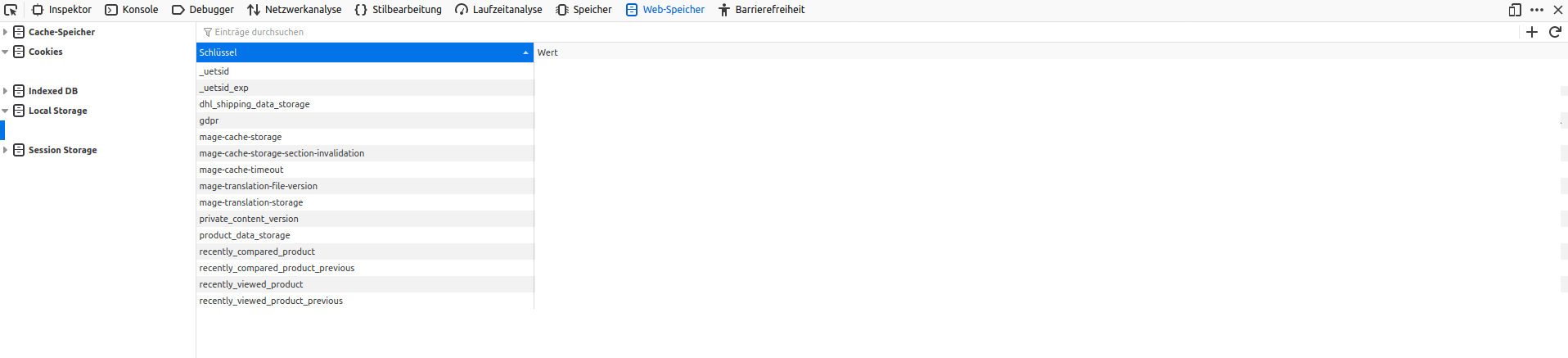 Cookie and local storage entries in the browser developer tools