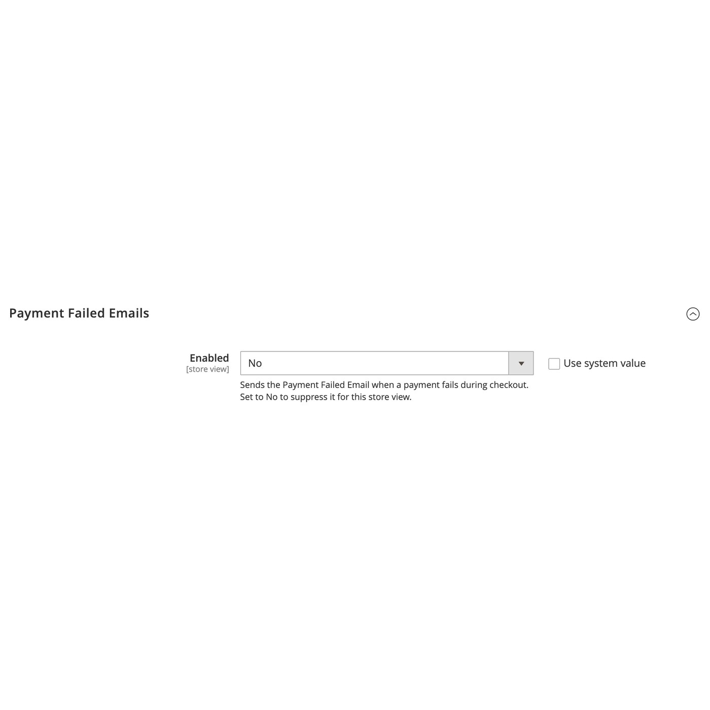 Payment Failed Emails configuration with the Enabled field set to No