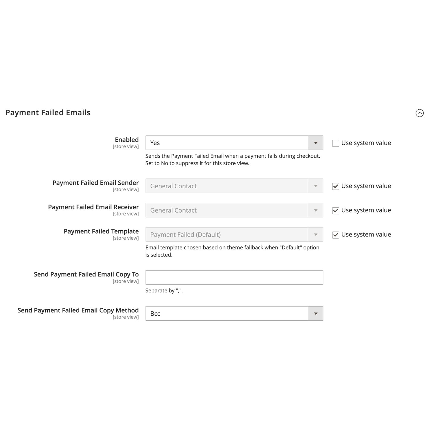 Payment Failed Emails configuration with the Enabled field set to Yes