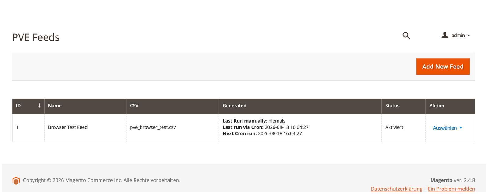 PVE feed overview in the Magento backend