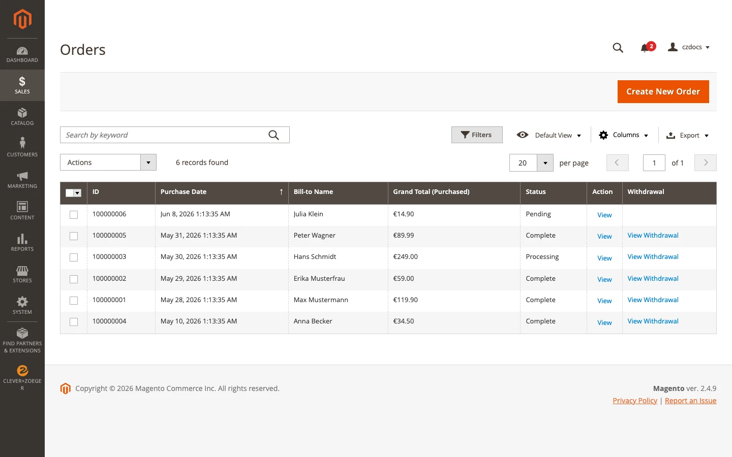 clever zoeger magento2 extension withdrawal backend sales order grid