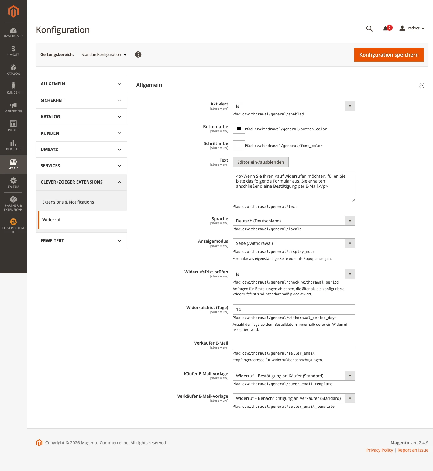 clever zoeger magento2 extension withdrawal config withdrawal period