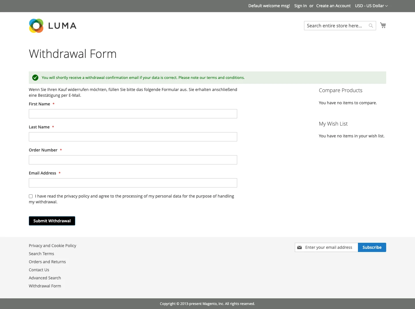 clever zoeger magento2 extension withdrawal frontend success